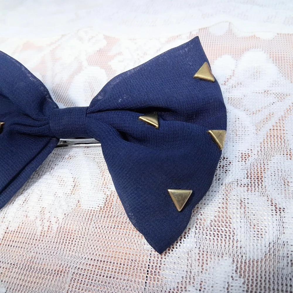 Fabric Bow Barrette French Clip Navy Blue With Brass Studs - Picture 6 of 11